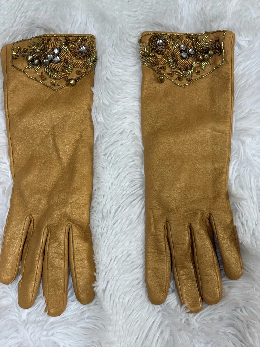 Embellished Tan Leather Women's Gloves
